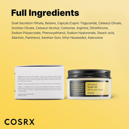 COSRX Snail Mucin 92% Face Moisturizer, 3.52 Oz, Lightweight Moisturing Cream for Soft, Glowy Skin, Korean Skin Care, Korean Moisturizer Face Cream