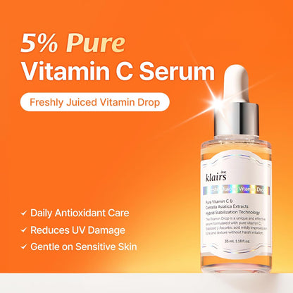 DearKlairs Freshly Juiced Vitamin Drop, 5% Hypoallergenic pure vitamin C serum, 1.18oz | Ascorbic acid, antioxidant for face, korean skincare